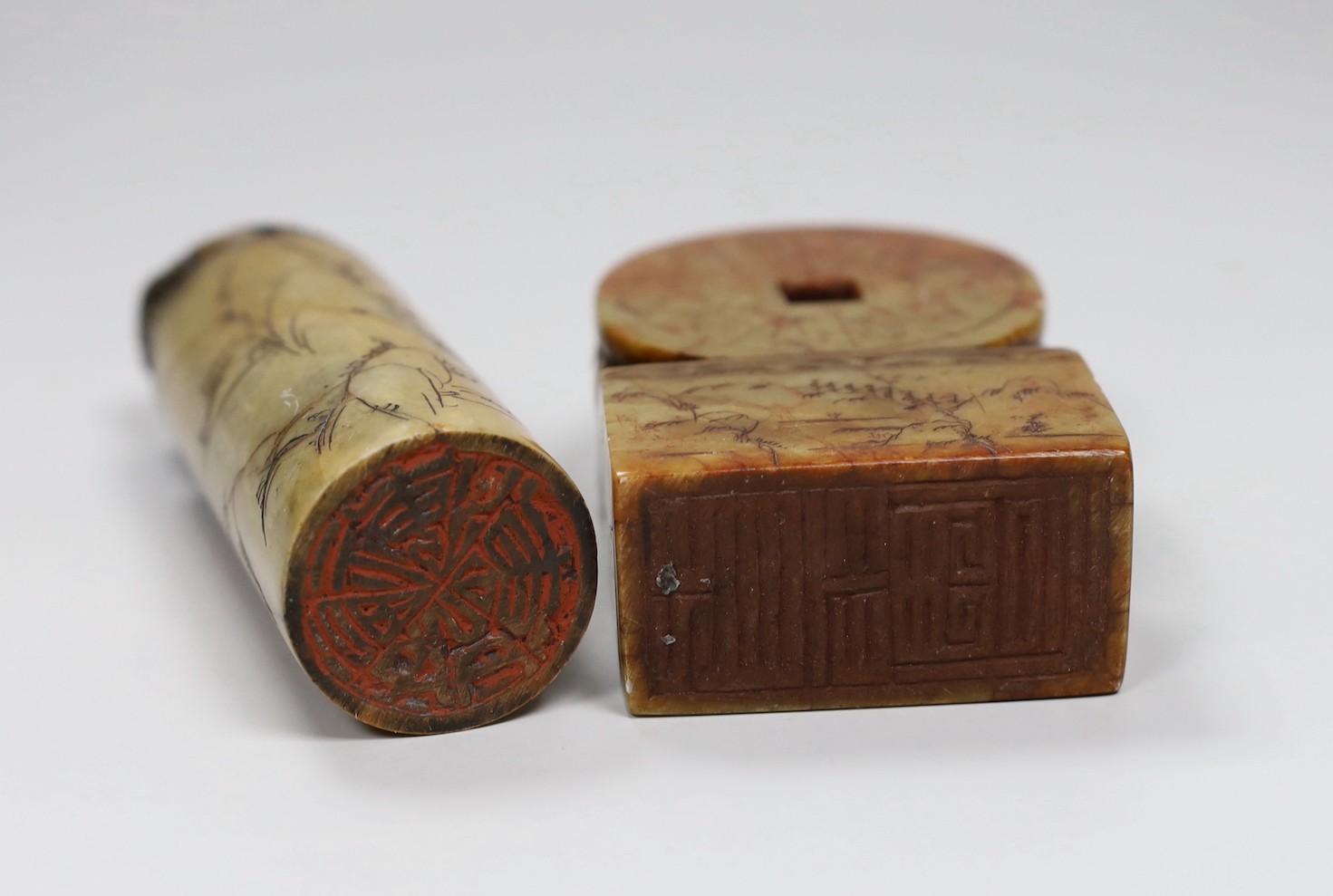 Two large Chinese soapstone seals, early 20th century, tallest 12cm